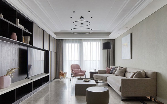简约现代风格装修也能这么大气，电视背景墙打柜子，全屋很高级！
