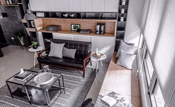 感觉特舒服的小户型空间，开放式设计很实用，客厅墙满装满柜子！