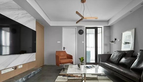 110㎡简约风格装修,黑色布艺沙发加大理石电视墙,全屋很大气!