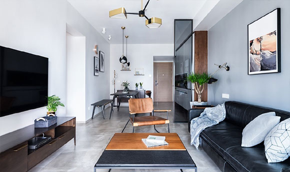 89㎡简约北欧风装修,玻璃隔断墙配皮艺沙发,长长的鞋柜超实用!