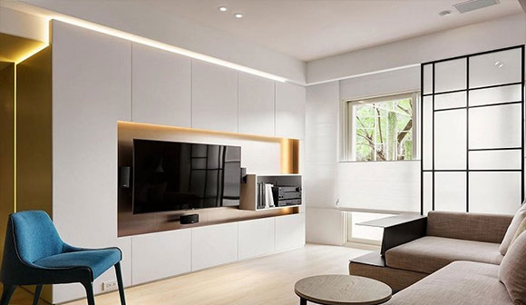 99㎡现代风格装修效果图，电视墙打柜子，全屋简约时尚很温馨！