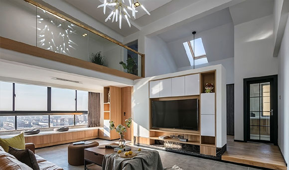 能改六间房的顶层复式装修,楼梯下改杂物间,书柜式沙发墙真实用!