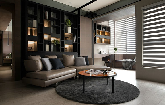 阳台改书房，沙发墙装书柜，设计效果很高级的现代风格公寓装修！