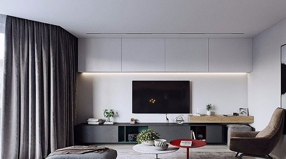 客餐厅厨房一体，卧室床头装吊柜，简约现代风格装修设计特时尚！