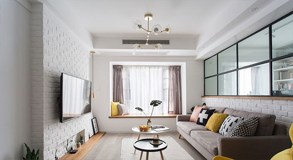 甜美温柔的北欧风公寓装修,文化石电视墙,客厅装飘窗,漂亮极了!