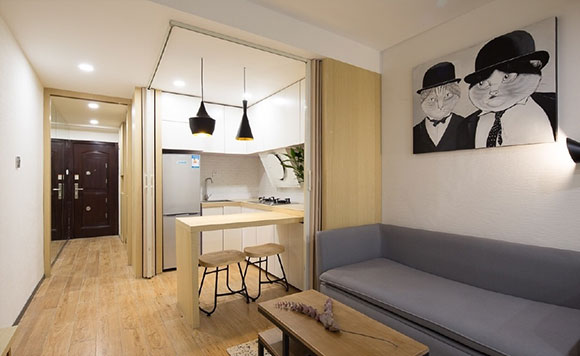 31㎡单身公寓装修设计，厨房餐厅装折叠门，居然还有小花房！