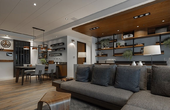 灰色为主的大户型，利用棕色来提升装修档次，全屋设计效果很高级！