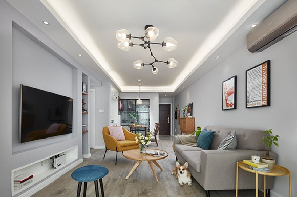 淡灰色乳胶漆墙面,电视背景墙装壁龛,漂亮又温馨的北欧风空间!