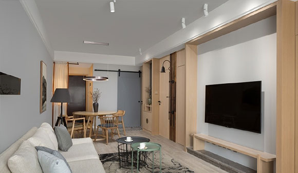 卧室床头装吊柜,客厅阳台打通装卡座,温馨实用的简约风格装修!