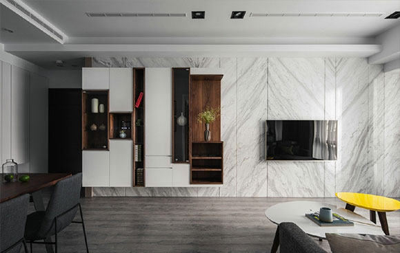 大理石电视墙上居然装吊柜，特别高级的现代风格装修，全屋真漂亮！