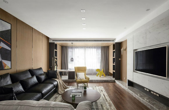 简约时尚的现代风格装修，阳台打通地面抬高，改成娱乐室真心实用！