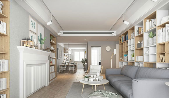 简约美式风格三房装修设计，沙发墙装书柜，壁炉造型电视墙，真是漂亮！