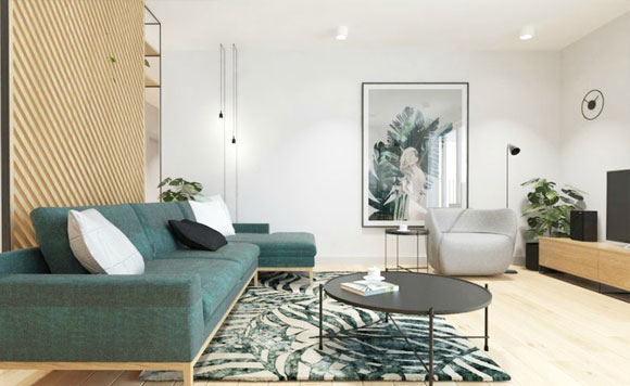 简约风格木质公寓装修,沙发后装木板隔断墙,全屋如热带雨林般清爽!