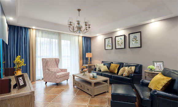 简约美式风格装修，仿古地面砖灰色乳胶漆墙面，设计简洁不失大气！