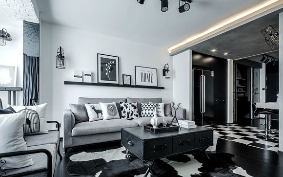 黑白色工业风单身公寓装修,电视墙隔出卧室装推拉门,效果很高级!