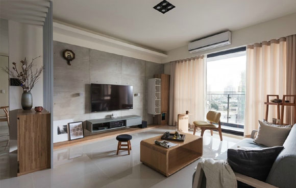 极简现代风格装修，书柜吊墙上，床尾墙面打满衣柜，全屋很实用！