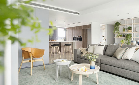 简约现代风格三房装修设计，客餐厅一体加开放式厨房，全屋特敞亮！