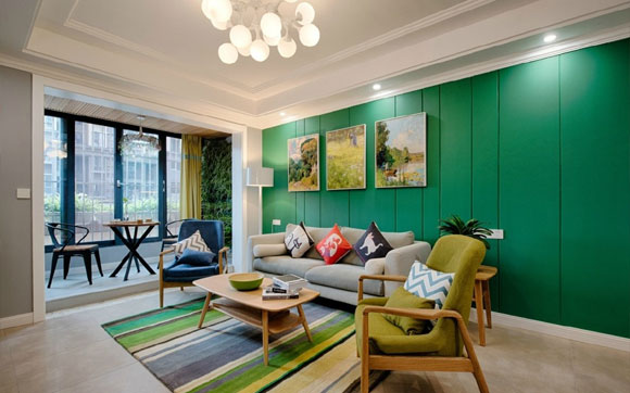 阳台这么装堪比多间房,绿色沙发背景墙更醒目,特别实用的三房!
