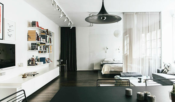 玻璃墙隔出卧室，开放式大厨房，漂亮的单身公寓装修设计很特别！