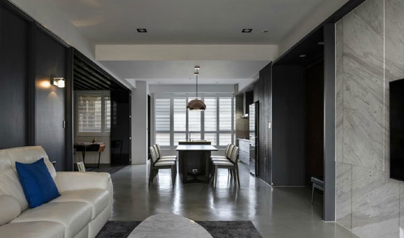 大理石电视背景墙，全屋配百叶窗，这套灰色调现代风格空间真高级！