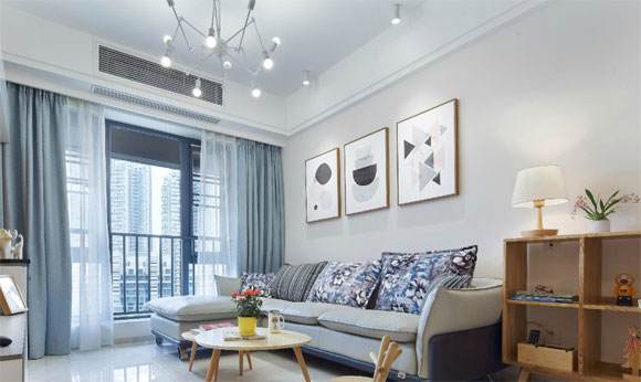 北欧风两房装修设计简洁，电视墙装吊柜，小户型这么装很温馨！