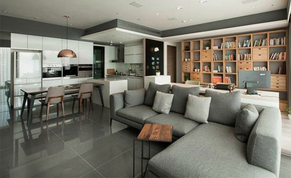 客厅书房厨房餐厅一体,文化石电视墙,这家的装修效果真是有特点!