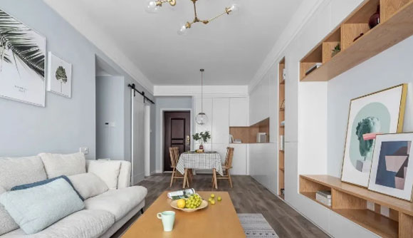 76㎡2室2厅，鞋柜餐边柜电视柜连成一体，简约风格设计真温馨！