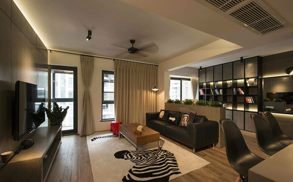 暗色调家装设计，吧台式餐桌真实用，开放式空间布局特别显大！