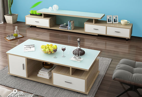 蓝影简约现代钢化玻璃可伸缩电视柜茶几组合！