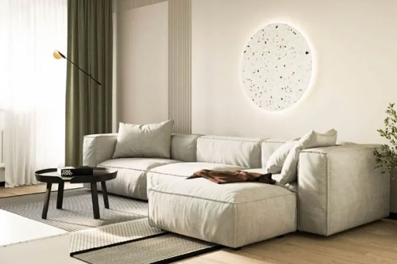 60㎡轻奢风两房装修设计，配色素雅很高级，过道墙面装书柜更实用！