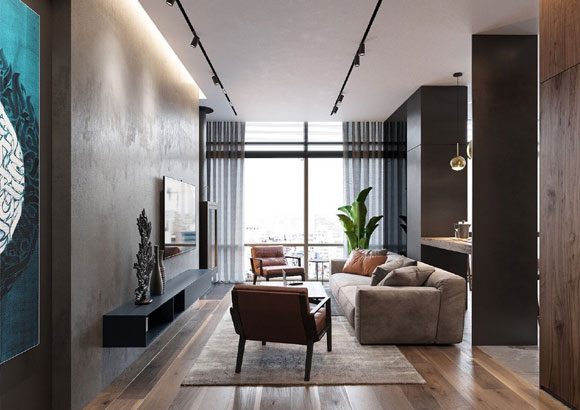 简约时尚的工业风设计，平面吊顶配轨道灯，储物柜当隔断，很大气！