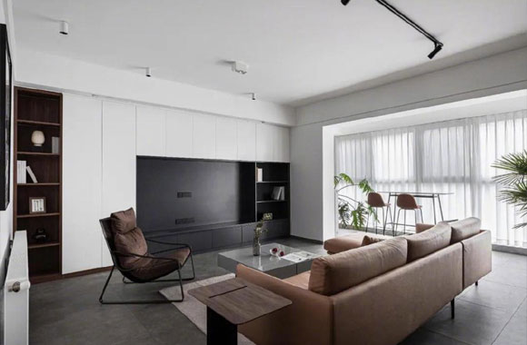 148㎡简约现代风格装修，阳台设吧台，全屋设计效果时尚有质感！