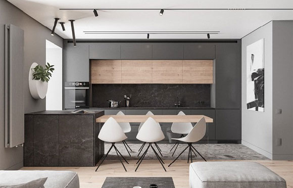 灰色与原木色搭配，很经典的现代风格，设计简约却充满高级感！