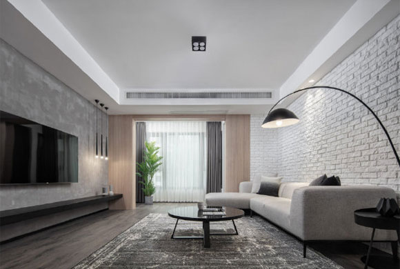 文化石沙发墙，水泥色乳胶漆电视墙，炫酷高级的工业风设计！